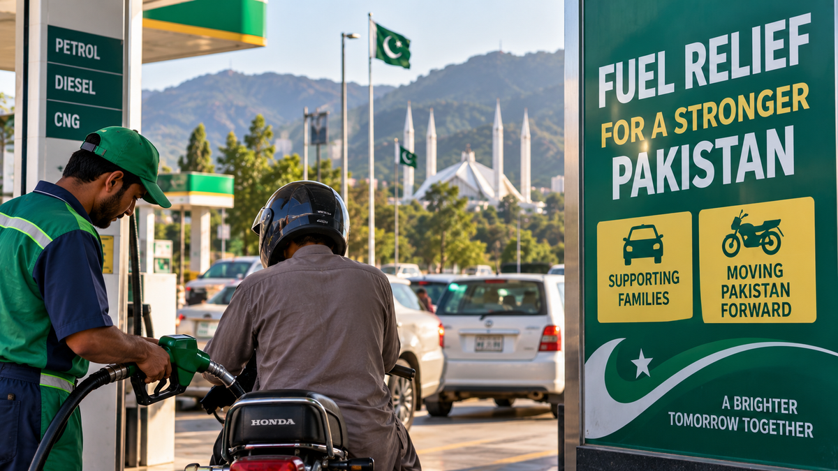 Motorcycle being refuelled at a petrol station in Pakistan, illustrating the targeted fuel-relief scheme