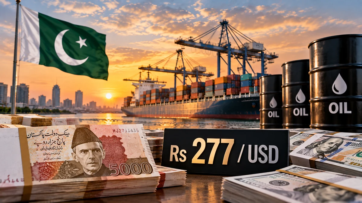 AI-generated Pakistan Report editorial illustration of the Pakistani rupee, US dollar, oil imports and port trade.