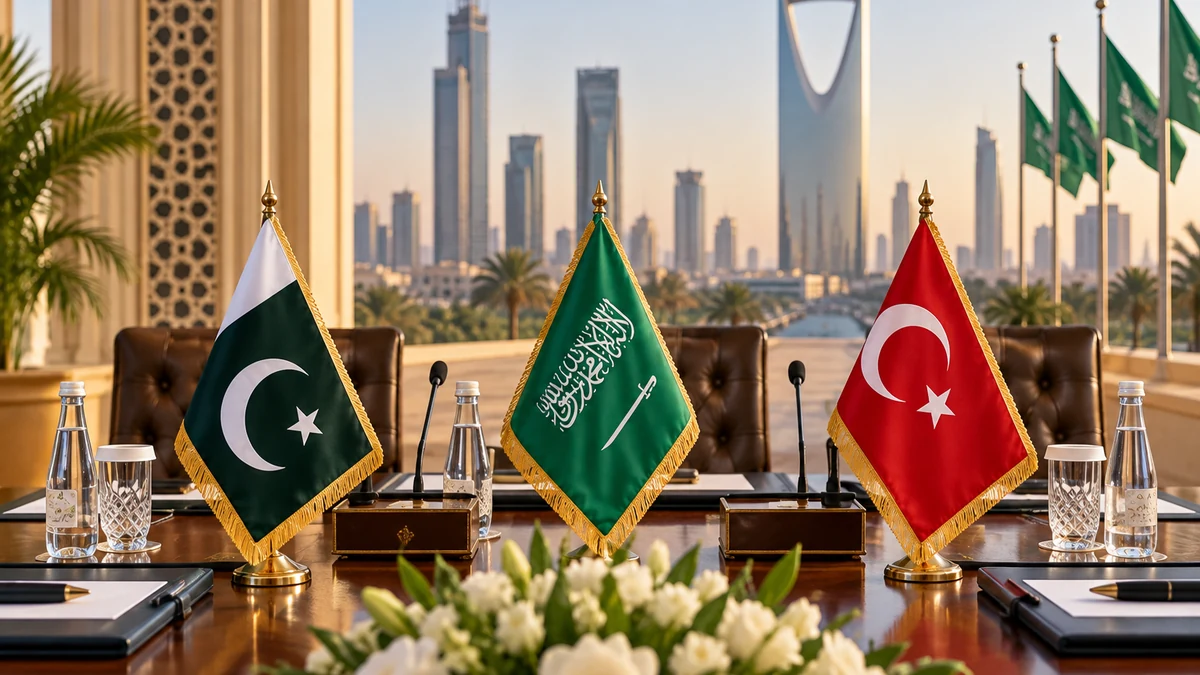 AI-generated Pakistan Report editorial illustration showing the flags of Pakistan, Saudi Arabia and Türkiye at a trilateral meeting setting in Riyadh.