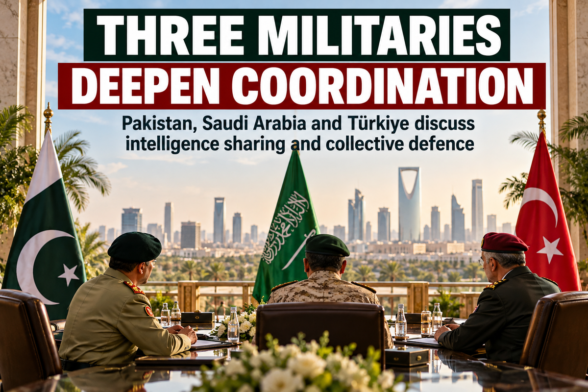 Pakistan Report editorial illustration of Pakistani, Saudi and Turkish military representatives accompanying coverage of defence coordination talks in Riyadh.