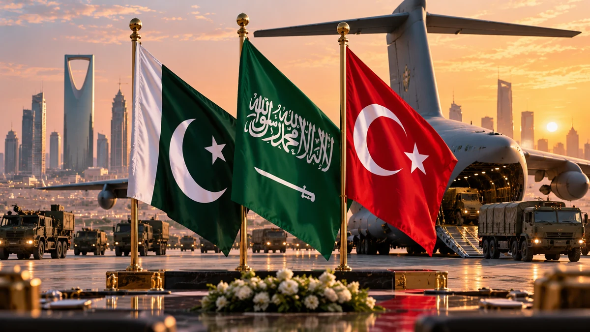 AI-generated Pakistan Report editorial illustration showing the flags of Pakistan, Saudi Arabia and Türkiye with military transport aircraft and logistics vehicles.