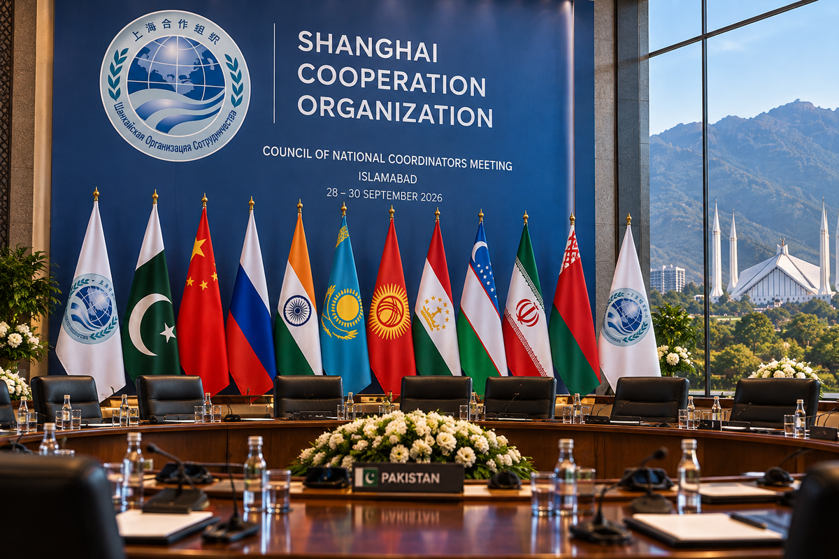 AI-generated Pakistan Report editorial illustration representing an SCO coordination meeting in Islamabad under Pakistan’s chairmanship.