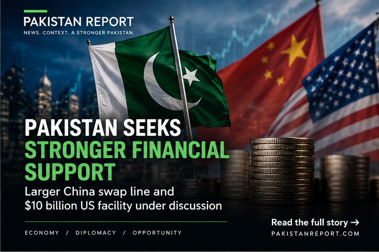Pakistan Report illustration representing Pakistan’s external financing, currency support and international economic ties.