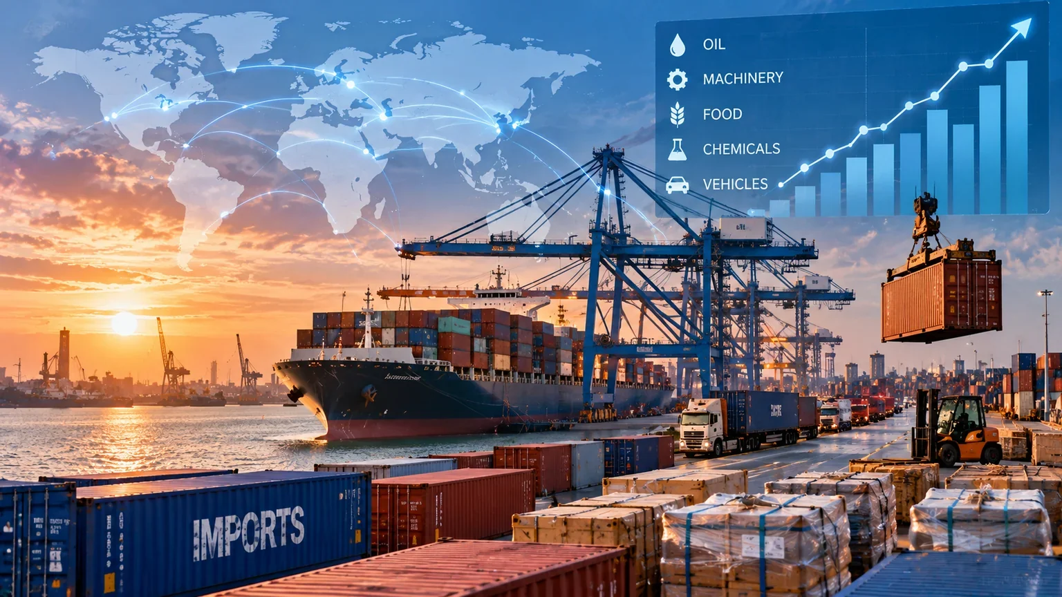 Conceptual editorial illustration for Pakistan Report coverage of pakistan september 2026 imports steel fuel. Not an event photograph.