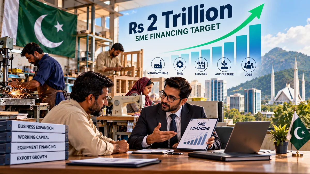 An AI-generated illustration of small businesses and finance, representing Pakistan’s SME lending target.
