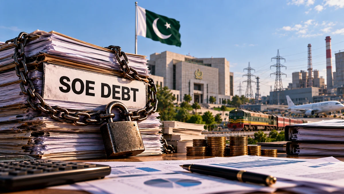 AI-generated Pakistan Report editorial illustration for Pakistan SOE Debt Rises 14% to Rs10.1 Trillion.