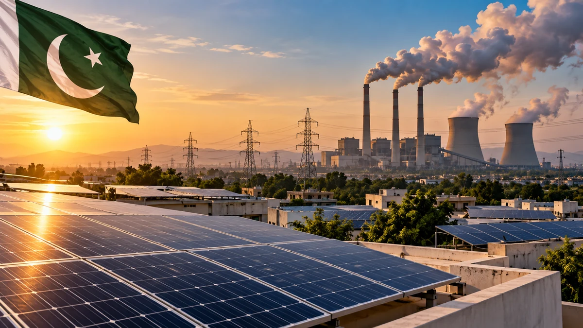 AI-generated Pakistan Report editorial illustration showing rooftop solar panels and a coal-fired power station representing Pakistan’s changing electricity mix.