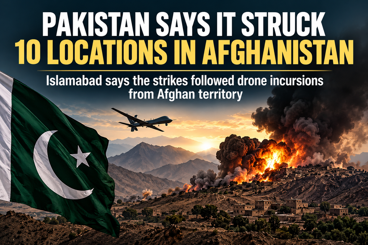 AI-generated editorial illustration of Pakistan-Afghanistan cross-border strikes, with headline text stating Pakistan says it struck 10 locations in Afghanistan.
