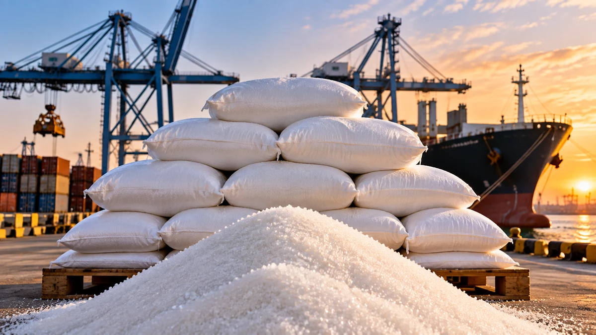 AI-generated Pakistan Report editorial illustration representing white refined sugar offered for export by the Trading Corporation of Pakistan.