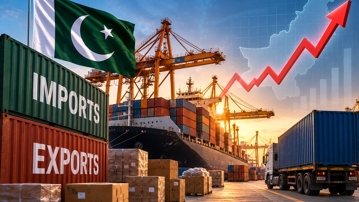AI-generated Pakistan Report editorial illustration representing Pakistan’s widening merchandise trade deficit and port activity.