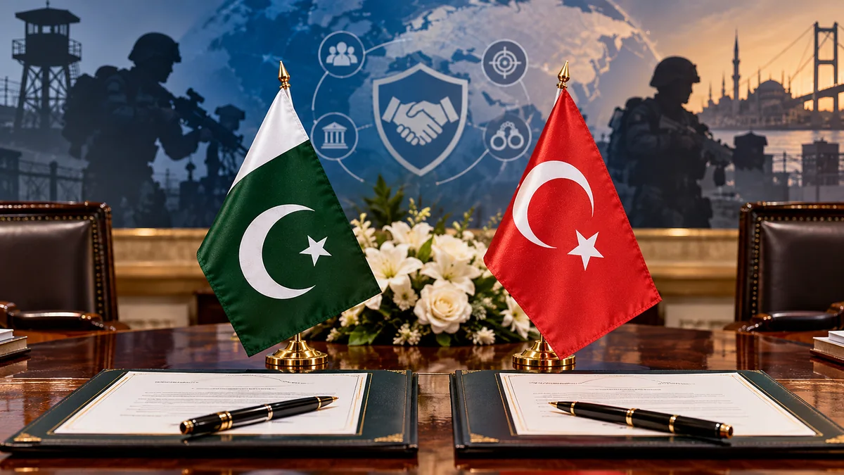 Illustration of Pakistan and Türkiye flags with security cooperation documents