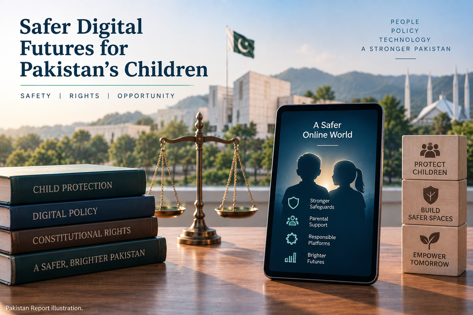 Pakistan Report illustration representing the debate over children's online safety and social-media restrictions in Pakistan.
