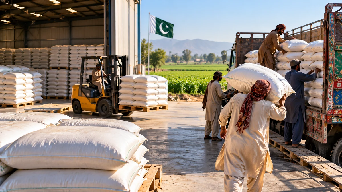 AI-generated Pakistan Report editorial illustration of urea fertilizer distribution in Pakistan.