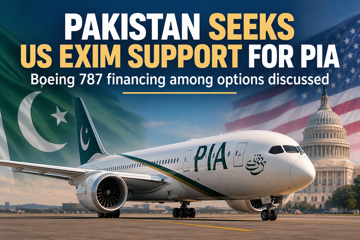 AI-generated editorial illustration of Pakistan-US aviation financing talks featuring a Boeing 787 concept and meeting imagery.