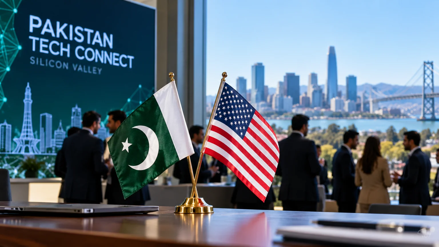 Illustration of Pakistan and United States flags at a technology business networking event; not a photograph of the actual conference.