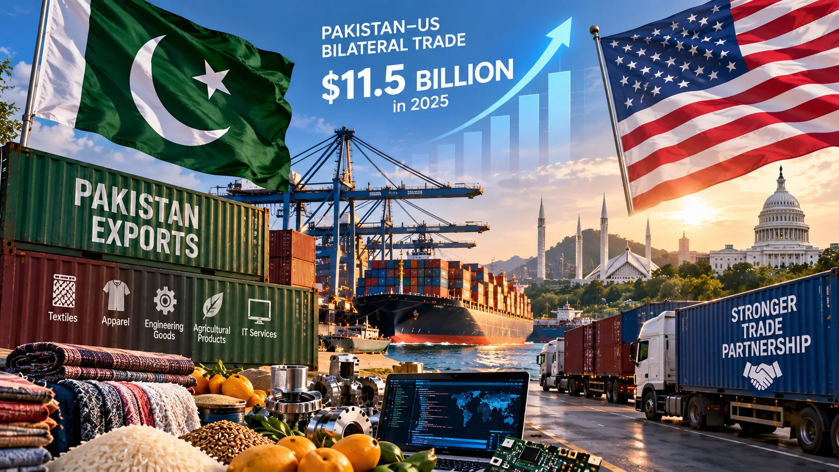Editorial illustration of Pakistan–United States trade, shipping and exports.