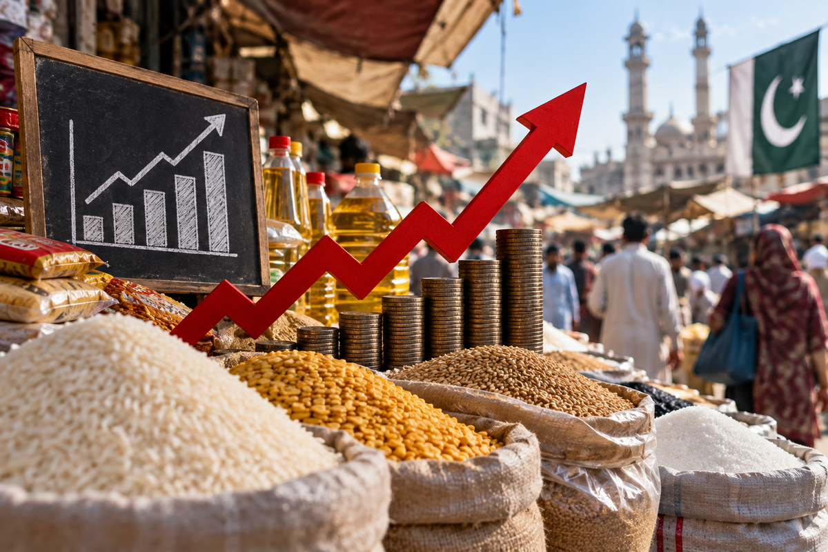 AI-generated Pakistan Report editorial illustration of a Pakistani market and staple foods representing weekly price movements.