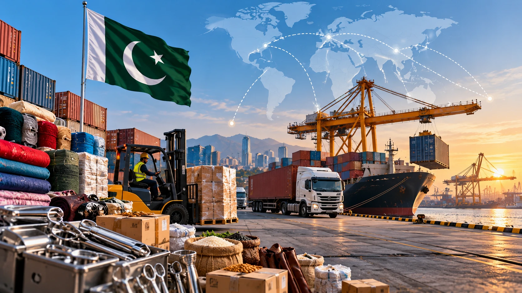 Editorial illustration of Pakistani exports, shipping containers and global trade routes.