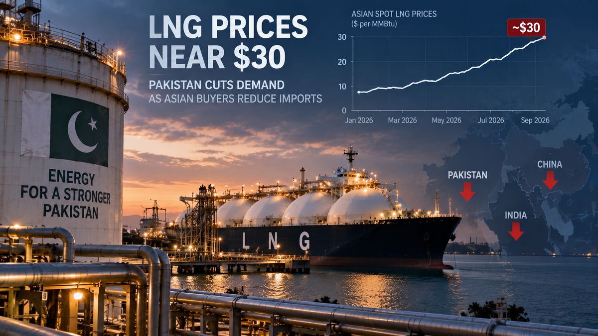 Editorial illustration of an LNG terminal and tanker with Asian gas prices near 30 dollars per MMBtu