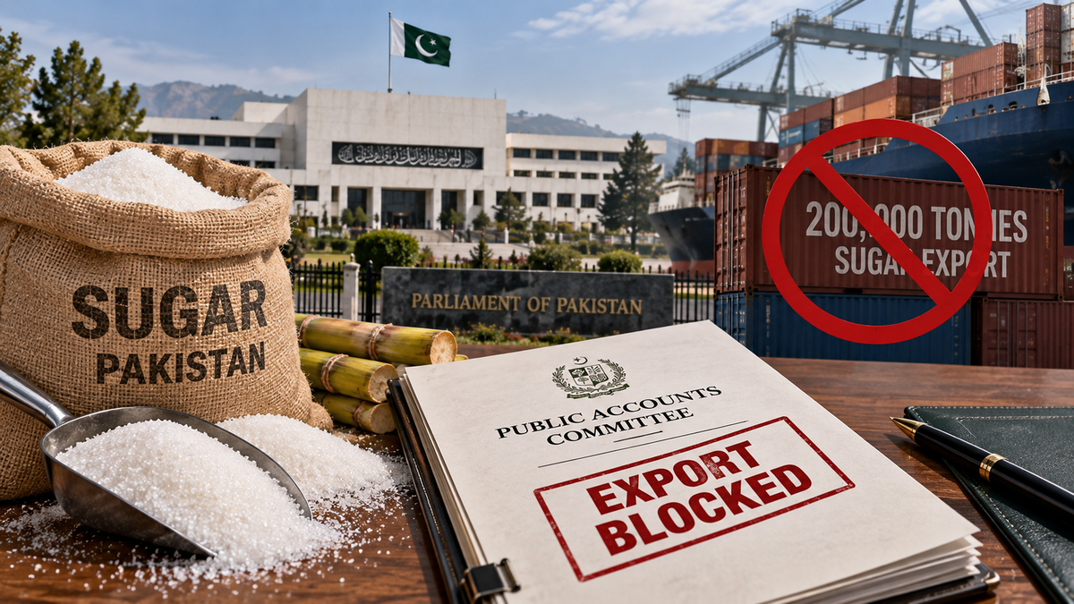 Editorial illustration of Pakistan's sugar export plan being blocked by parliamentary scrutiny