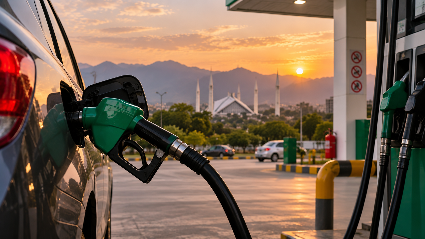 Fuel nozzle filling a vehicle at a petrol station in Pakistan.