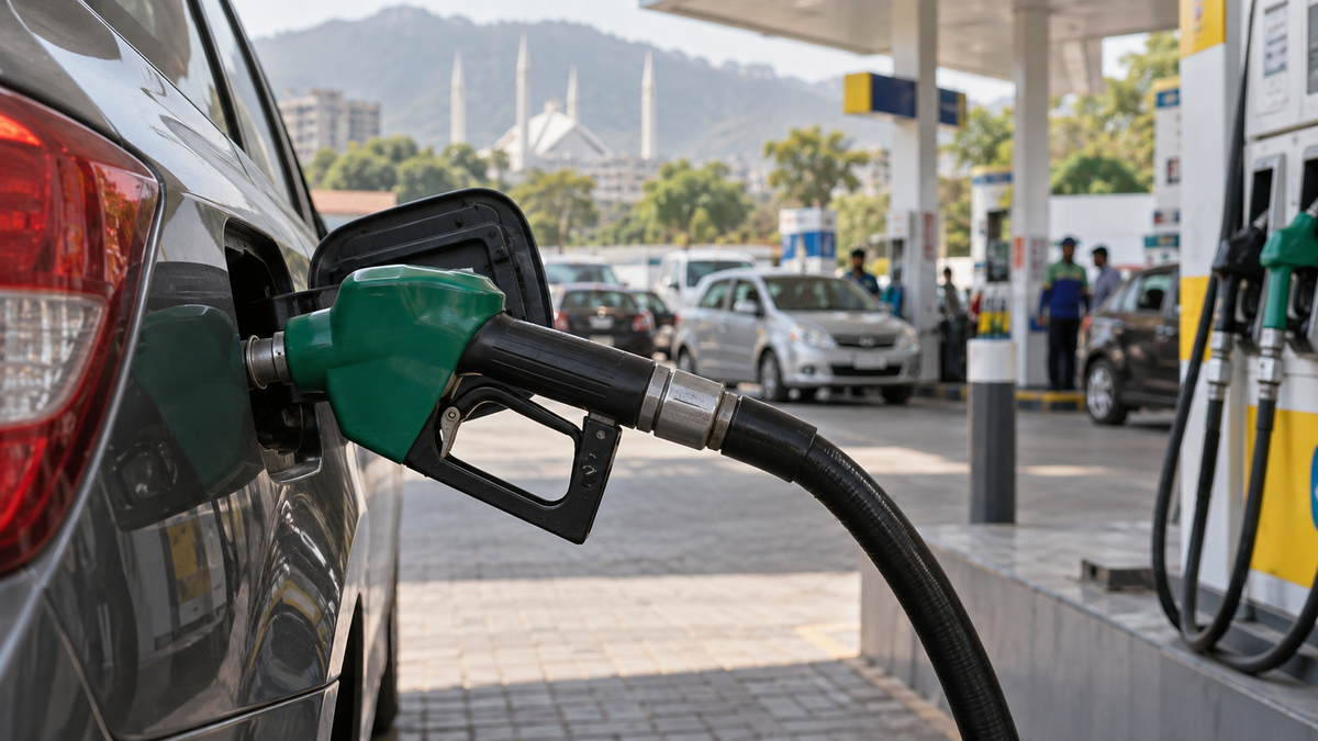 Fuel nozzle inserted into a car at a petrol station in Pakistan