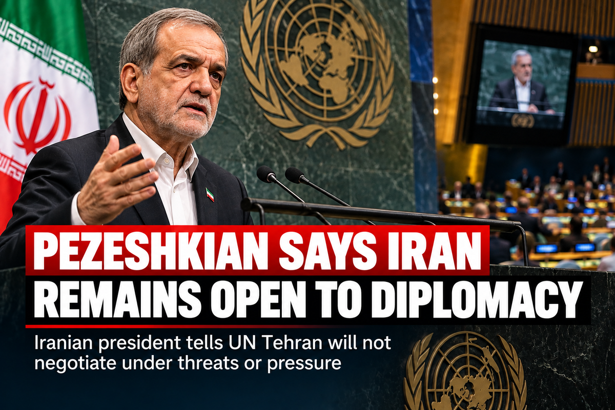 Editorial illustration of Iranian President Masoud Pezeshkian at the United Nations with diplomacy-themed visual elements.