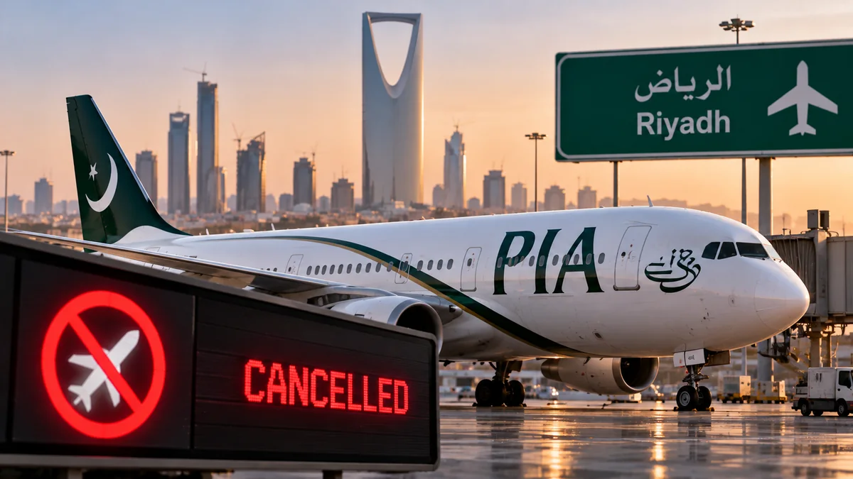 Illustration of a PIA aircraft and Riyadh flight cancellation signage