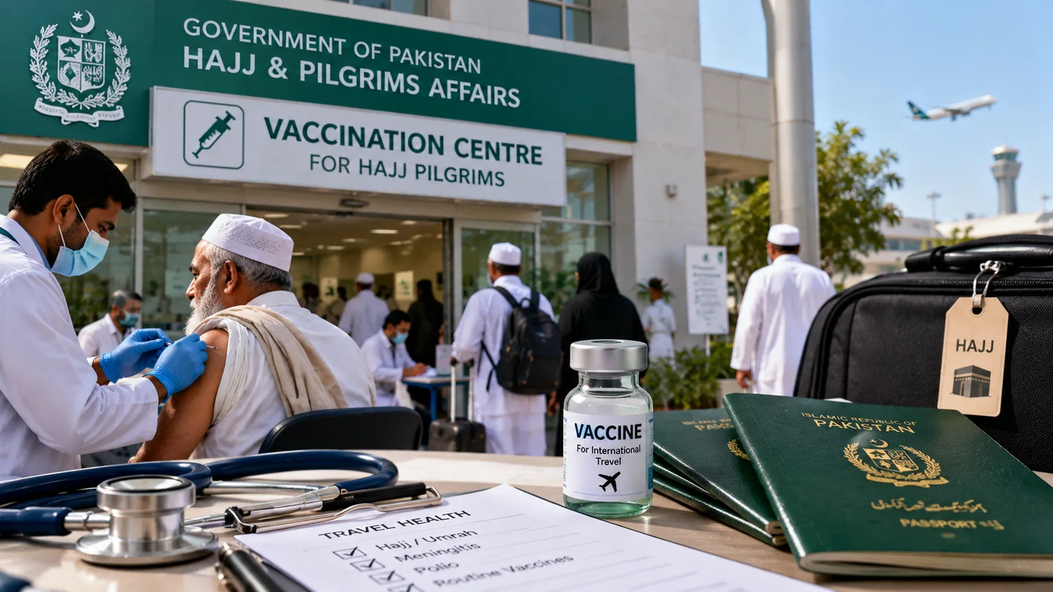 Editorial illustration accompanying Pakistan Report coverage of pm orders inquiry into vaccine procurement for pilgrims and overseas workers.