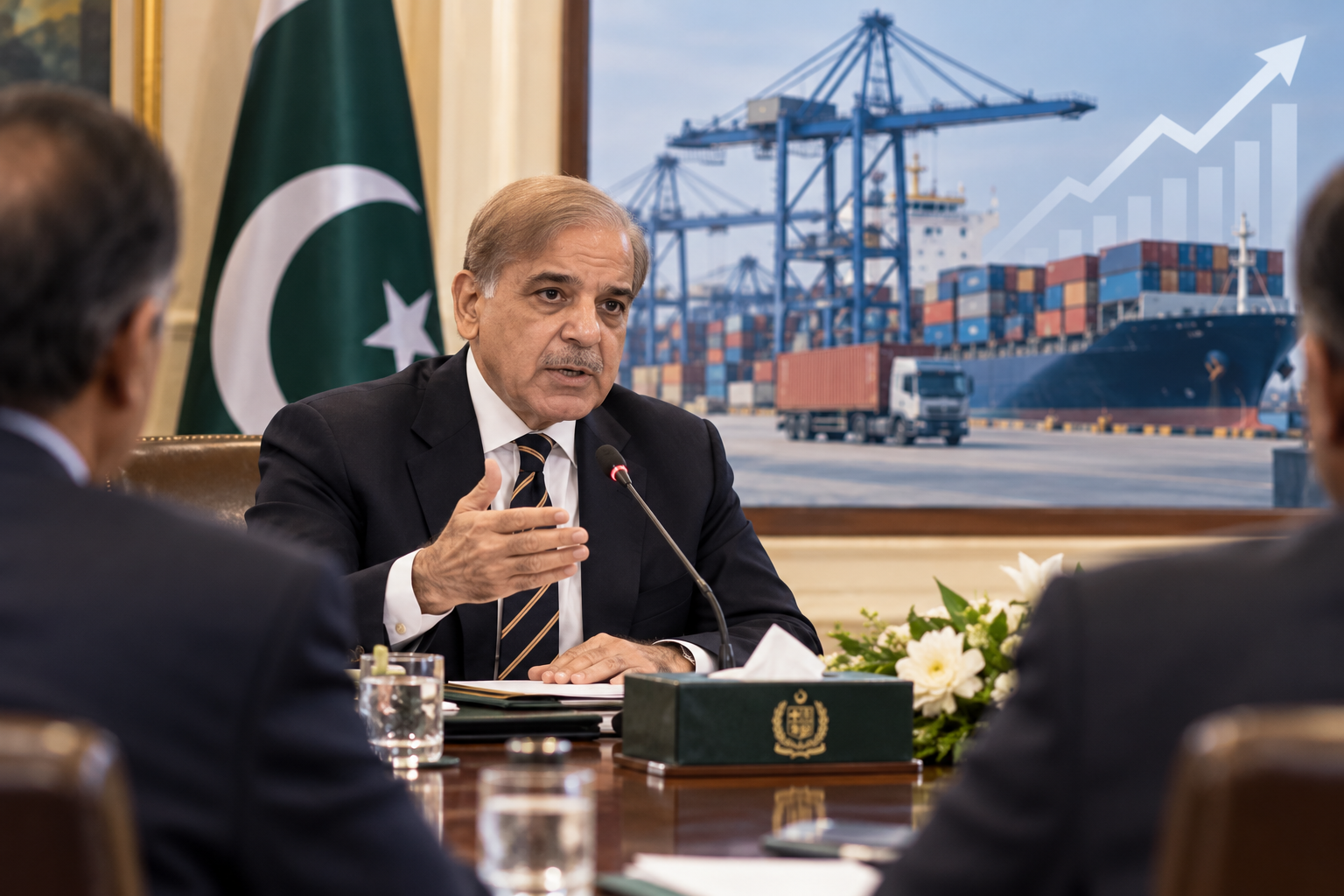Pakistan Report illustration representing government discussions on tax enforcement, exports and economic growth.
