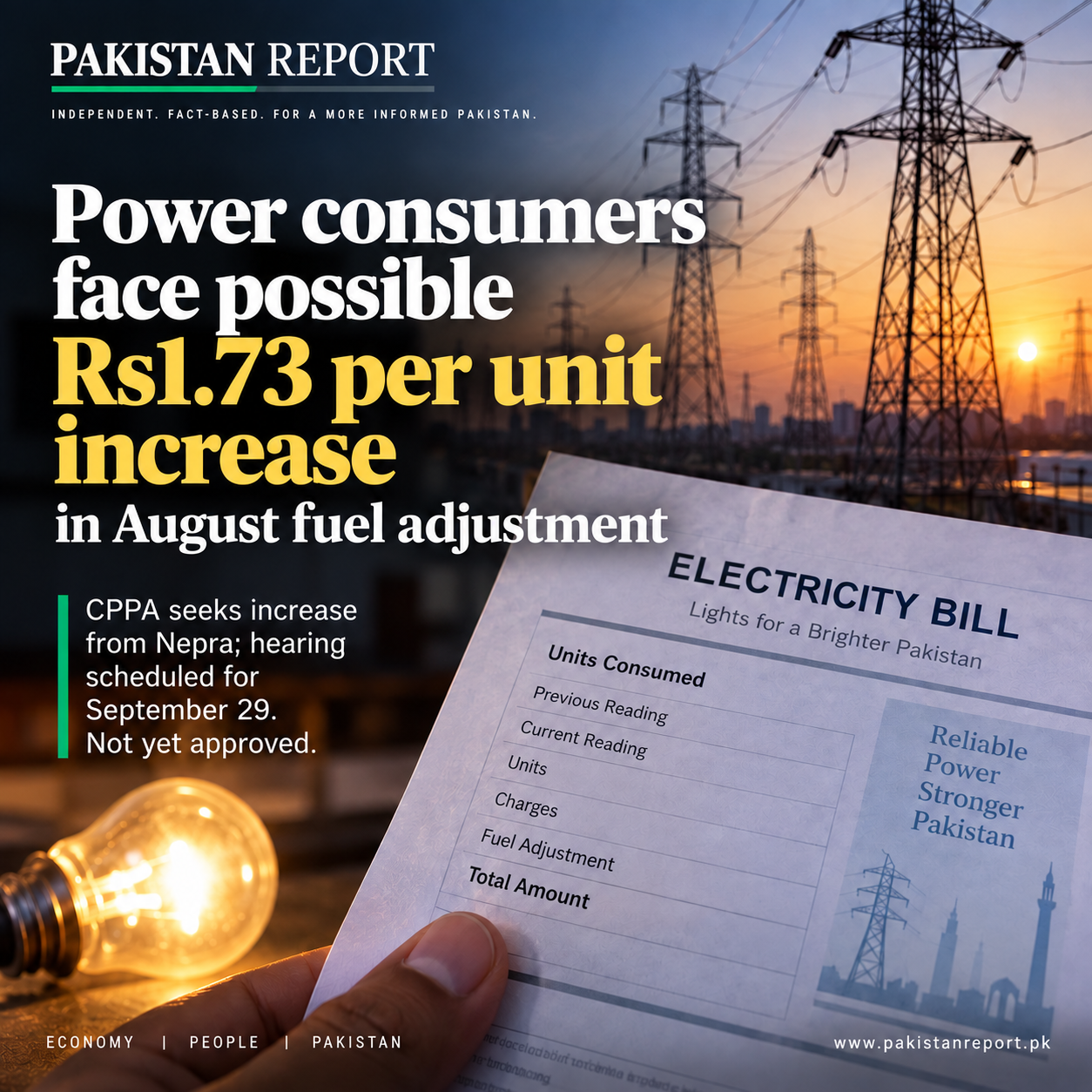 Pakistan Report editorial illustration representing electricity bills, power generation and a proposed fuel-cost adjustment in Pakistan.