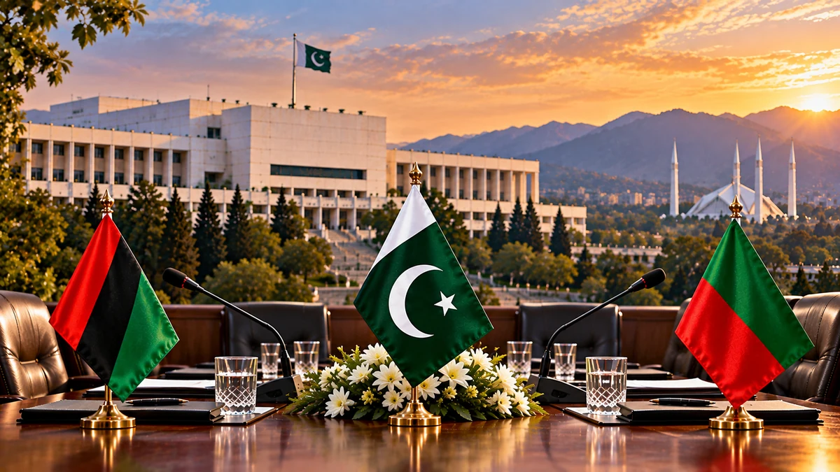 AI-generated Pakistan Report editorial illustration showing an empty political dialogue table in Islamabad with Pakistan and neutral party-colour flags.