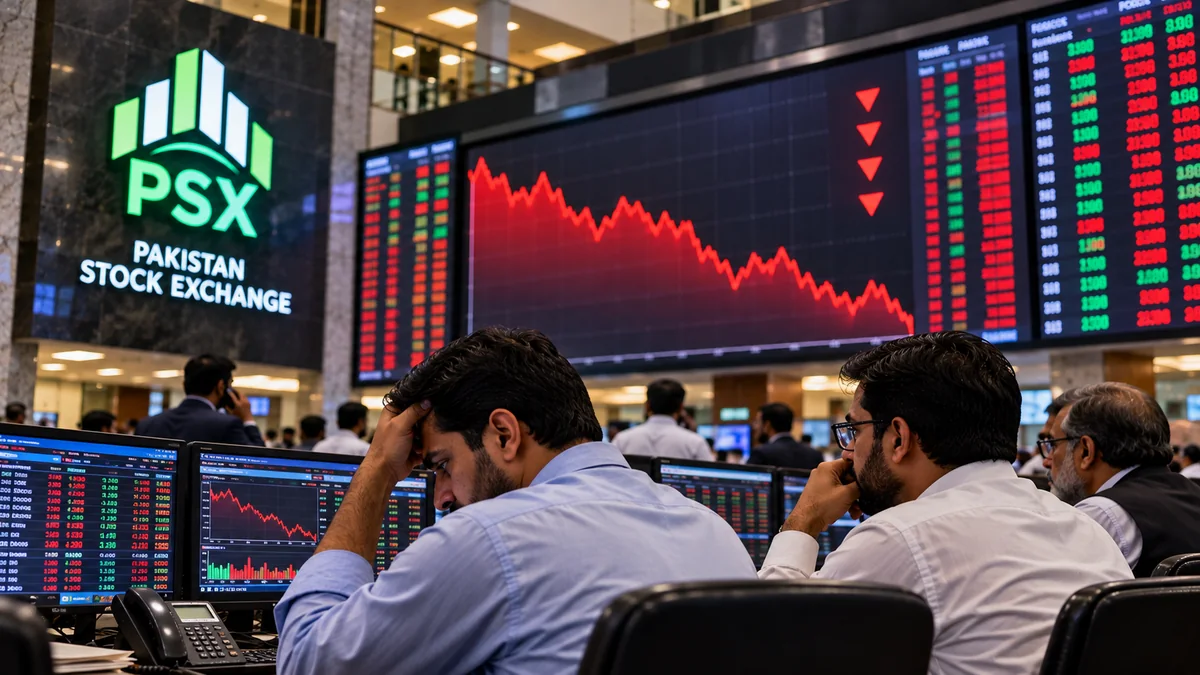 Conceptual editorial illustration accompanying Pakistan Report coverage: Pakistan Stocks Enter New Week After Losses as Geopolitical Risks Weigh on Sentiment