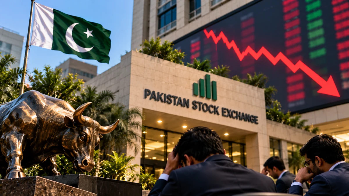 AI-generated Pakistan Report editorial illustration of the Pakistan Stock Exchange during a weak trading week.
