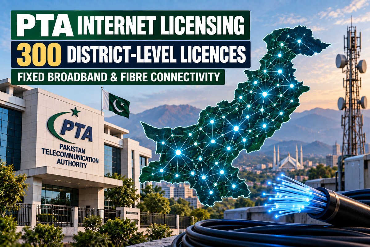 AI-generated Pakistan Report editorial illustration representing PTA district-level internet licensing and broadband fibre expansion across Pakistan.