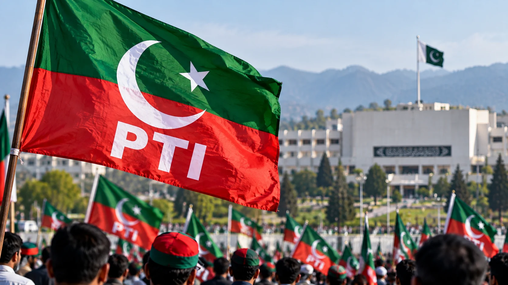Editorial illustration accompanying Pakistan Report coverage of pti faces questions over failed protest march as leaders review planning.
