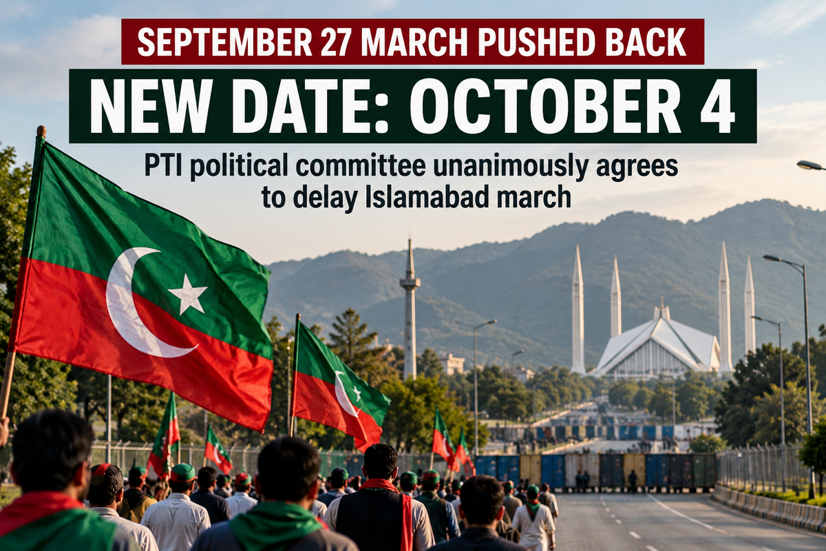 Pakistan Report editorial illustration of PTI supporters and Islamabad accompanying coverage of the postponed march.