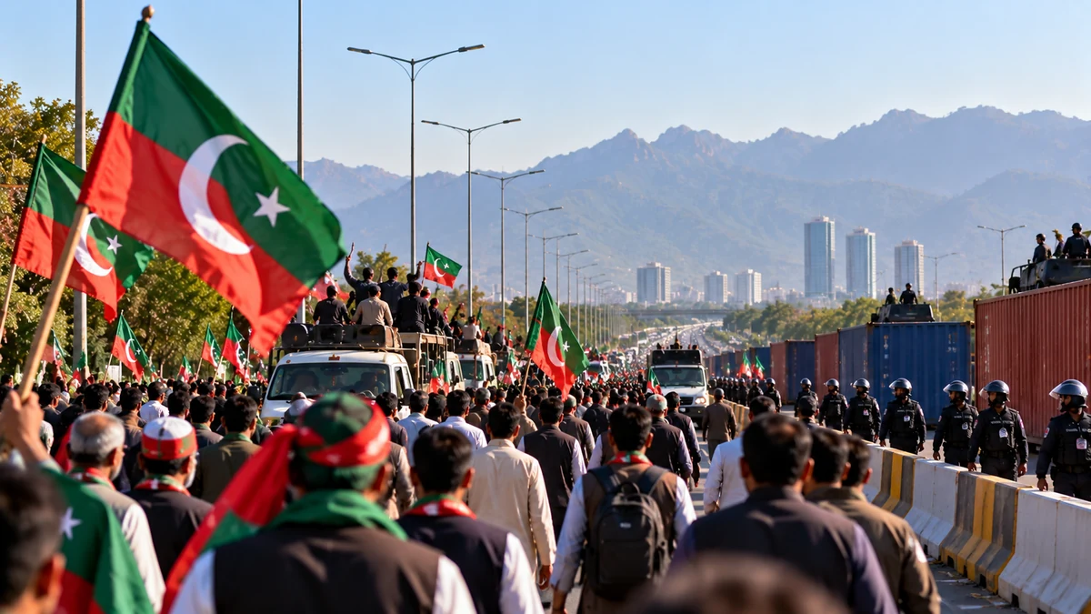 AI-generated Pakistan Report editorial illustration showing a PTI-associated political march moving along a highway toward Islamabad.