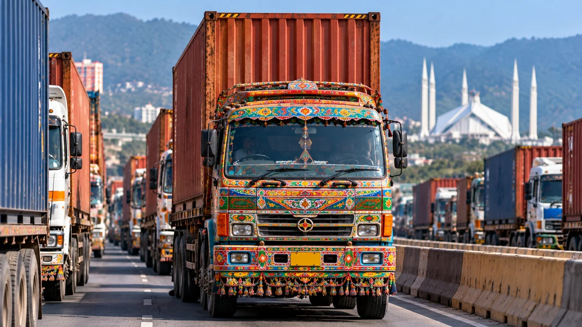 AI-generated Pakistan Report editorial illustration representing freight disruption involving container trucks ahead of the October 4 Islamabad march.
