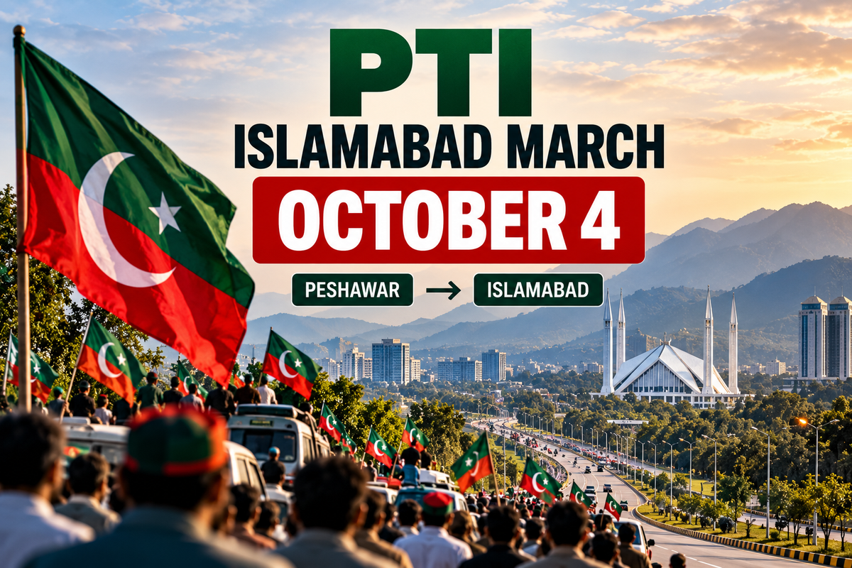 AI-generated Pakistan Report editorial illustration representing PTI's planned October 4 march from Peshawar to Islamabad.