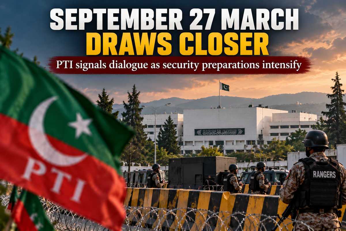 AI-generated Pakistan Report editorial illustration of PTI imagery, security barriers and Rangers in Islamabad ahead of the planned September 27 march.