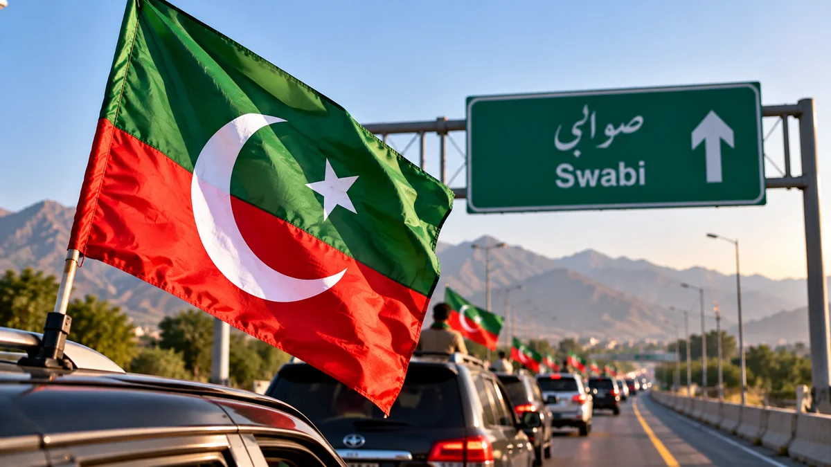 Illustration of a PTI flag and small convoy near a Swabi road sign
