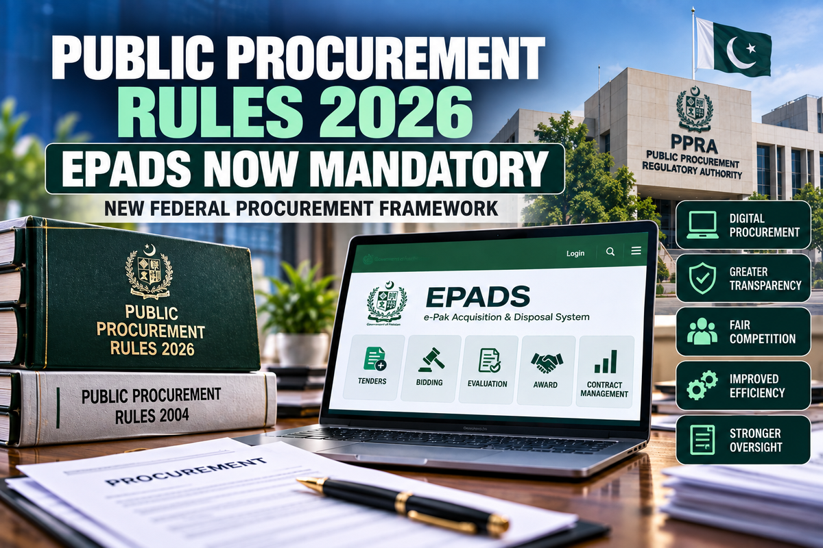 AI-generated Pakistan Report editorial illustration representing Pakistan’s Public Procurement Rules 2026 and mandatory EPADS use.