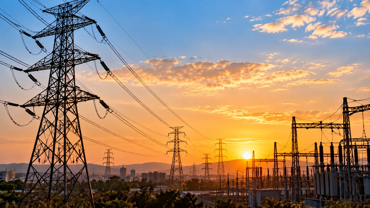 AI-generated Pakistan Report editorial illustration of electricity transmission lines and a substation representing Pakistan's power wheeling market.