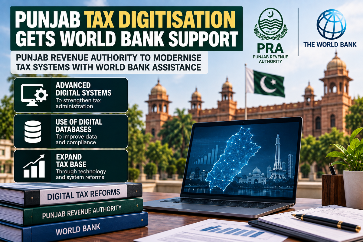 AI-generated Pakistan Report editorial illustration representing Punjab Revenue Authority and World Bank-supported digital tax reforms.
