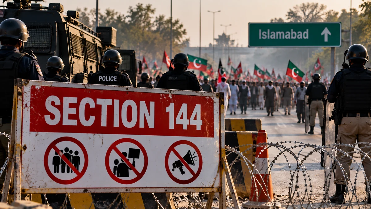 AI-generated Pakistan Report editorial illustration showing a Section 144 security checkpoint, police deployment and an Islamabad road sign.