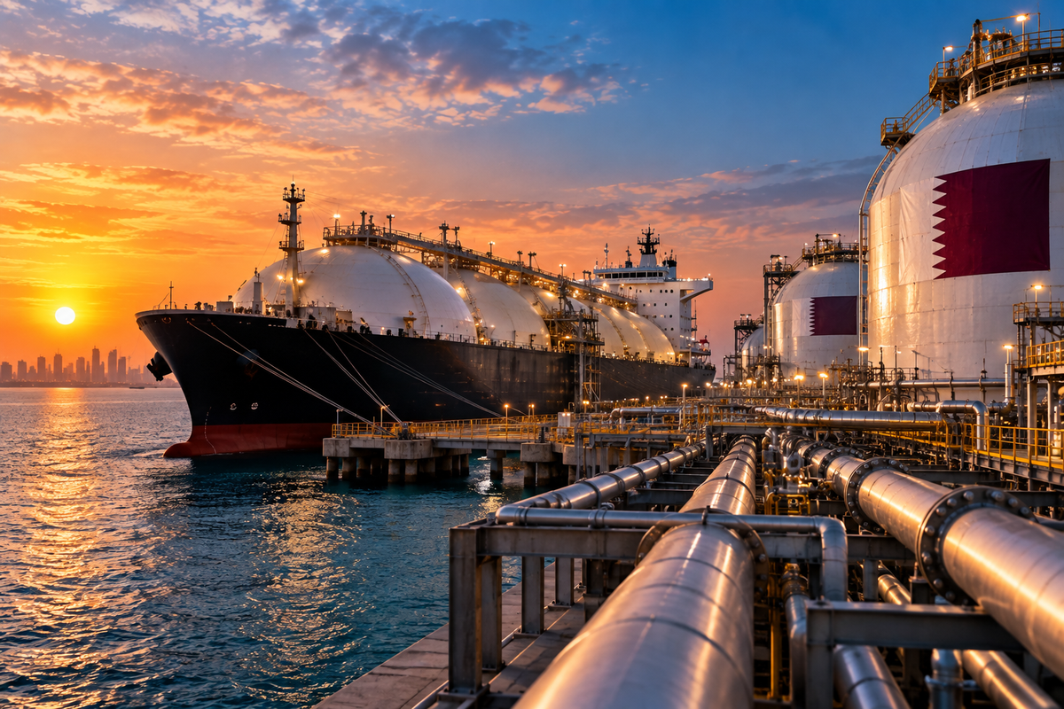 AI-generated Pakistan Report editorial illustration of an LNG carrier and gas terminal representing Qatar-linked LNG supply.