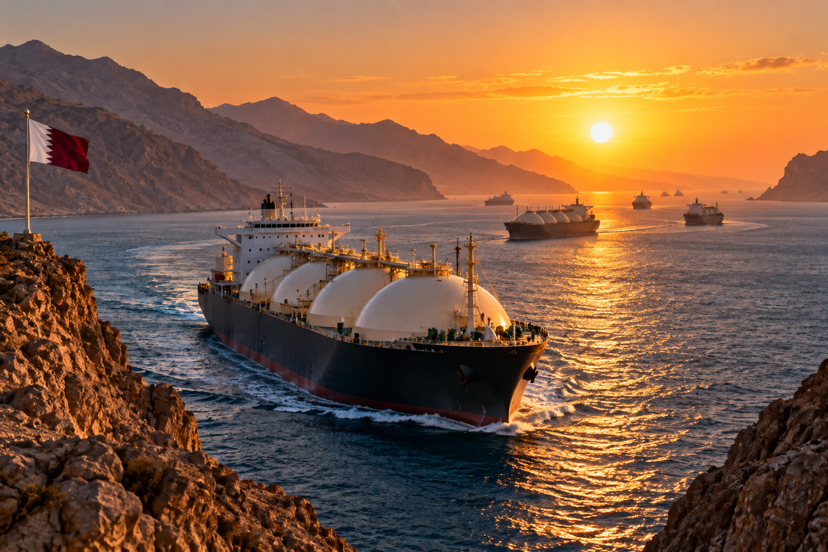 AI-generated Pakistan Report editorial illustration representing Qatar-linked LNG carriers transiting the Strait of Hormuz.