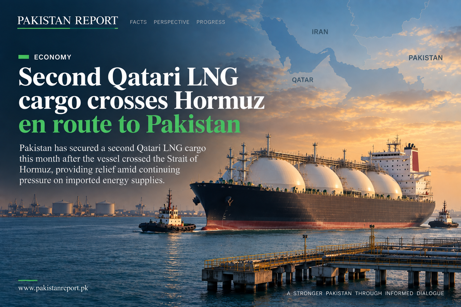 Pakistan Report AI-generated editorial illustration of an LNG carrier travelling through the Gulf towards Pakistan