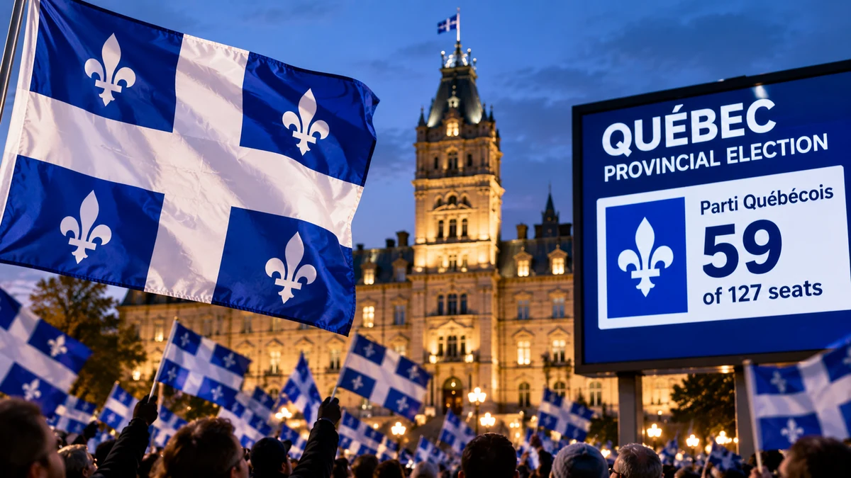AI-generated Pakistan Report editorial illustration showing Quebec flags and a provincial election result of 59 of 127 seats for the Parti Québécois.